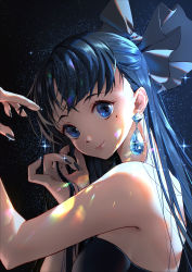 Rule 34 | 1girl, black dress, black nails, blue bow, blue eyes, blue hair, bow, breasts, closed mouth, diamond (gemstone), dress, earrings, fingernails, from side, hair bow, hands up, highres, jewelry, lilithbloody, long hair, looking at viewer, looking to the side, medium breasts, mole, mole under eye, nail polish, original, sideboob, smile, solo, sparkle, starry sky print, strapless, strapless dress, upper body