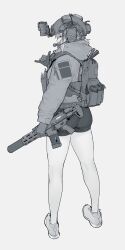 Rule 34 | 1girl, alma01, arm pouch, artist name, assault rifle, backpack, bag, combat helmet, from behind, full body, gloves, gun, headset, helmet, highres, holding, holding weapon, hood, hood down, legs, limited palette, night vision device, original, purple eyes, rifle, shaka sign, shorts, simple background, solo, spot color, standing, suppressor, tactical clothes, tight clothes, weapon, weapon request