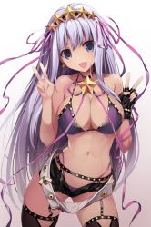 Rule 34 | 1girl, :d, asymmetrical gloves, bb (fate), bb (fate) (all), bb (swimsuit mooncancer) (fate), bb (swimsuit mooncancer) (second ascension) (fate), bikini, black gloves, black shorts, black thighhighs, breasts, choker, collarbone, cowboy shot, double v, earrings, fate/grand order, fate (series), fingerless gloves, garter belt, gloves, hair ornament, hairband, head tilt, highres, jewelry, karory, large breasts, long hair, looking at viewer, micro shorts, nail polish, open clothes, open mouth, open shorts, pink nails, pink ribbon, purple bikini, purple eyes, ribbon, shiny skin, shorts, sideboob, silver hair, simple background, single glove, smile, solo, standing, star (symbol), star earrings, star hair ornament, swimsuit, thighhighs, uneven gloves, v, very long hair, white background