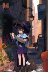 Rule 34 | 1girl, animal print, backpack, bag, black footwear, black hair, boots, brick, capelet, cat print, closed mouth, day, demon horns, door, envelope, fantasy, fire hydrant, hat, highres, holding, horns, lamp, lantern, long coat, magic circle, mailbox, makihitsuji, map, orange eyes, original, outdoors, paw print, pleated skirt, pouch, purple skirt, skirt, solo, stairs, standing, witch hat