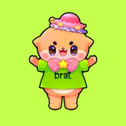 1other :3 absurdres arms_up bottomless bow bowtie brat_(charli_xcx) chiitan commentary english_commentary full_body furry green_background green_shirt green_theme hat highres open_mouth other_focus pink_bow pink_bowtie pink_hat plushunagi shirt standing star_(symbol) susaki yuru-chara