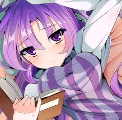 Rule 34 | 1girl, :&lt;, bed sheet, blush, book, breasts, eyes visible through hair, highres, large breasts, long hair, long sleeves, looking at viewer, lying, miton (turuyasann), multicolored clothes, notebook, on back, open book, patchouli knowledge, purple eyes, purple hair, purple shirt, shirt, solo focus, striped clothes, striped shirt, touhou