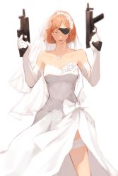 Rule 34 | 1girl, alternate costume, anna (anta baka00), bad id, bad twitter id, bare shoulders, bouquet, breasts, bridal veil, bride, brown eyes, brown hair, closed mouth, collarbone, dress, elbow gloves, eyebrows, eyepatch, eyes visible through hair, female focus, flower, garter straps, gloves, gun, hair ornament, highres, holding, holding weapon, jewelry, jujutsu kaisen, kugisaki nobara, lips, looking at viewer, necklace, short hair, simple background, solo, thigh strap, thighhighs, upper body, veil, weapon, wedding dress, white background, white dress
