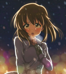 Rule 34 | 1girl, backlighting, blurry, blush, bokeh, brown eyes, brown hair, depth of field, gloves, hagiwara yukiho, hand on own chest, highres, idolmaster, idolmaster (classic), looking at viewer, open mouth, rariemonn, scarf, short hair, sky, snow, solo, upper body