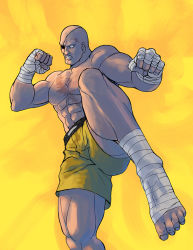 Rule 34 | 1boy, abs, ankle wrap, azuma (ichimako), bald, bara, barefoot, clenched hands, cowboy shot, eyepatch, feet, fighting stance, gradient background, hand wraps, male focus, muscular, no pupils, sagat, scar, shorts, solo, standing, standing on one leg, street fighter, topless male