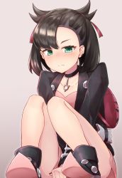 Rule 34 | 1girl, asymmetrical bangs, backpack, bag, between legs, black choker, black footwear, black hair, black jacket, blush, boots, brown background, choker, closed mouth, collarbone, commentary request, creatures (company), dress, ear piercing, game freak, green eyes, hair ribbon, hand between legs, highres, jacket, long sleeves, looking at viewer, marnie (pokemon), nenosame, nintendo, open clothes, open jacket, piercing, pink dress, pokemon, pokemon swsh, red ribbon, ribbon, shoe soles, sitting, solo, twintails