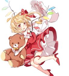 Rule 34 | 1girl, :o, back bow, blonde hair, blush, bow, clothing cutout, crystal, fang, flandre scarlet, frilled sleeves, frills, full body, gloves, hair ribbon, high heels, highres, looking back, medium hair, no headwear, hugging object, one side up, open mouth, paragasu (parags112), puffy short sleeves, puffy sleeves, red eyes, red footwear, red ribbon, red skirt, red vest, ribbon, shirt, short sleeves, shoulder cutout, simple background, skirt, skirt set, solo, stuffed animal, stuffed toy, teddy bear, touhou, vest, white background, white bow, white gloves, white shirt, wings