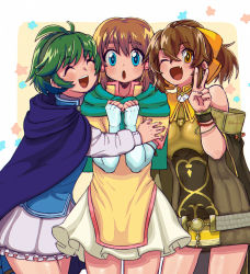 Rule 34 | 3girls, bare shoulders, blue eyes, bow, bracelet, breasts, brown hair, capelet, cloak, cowboy shot, delthea (fire emblem), dress, elbow gloves, closed eyes, fang, fingerless gloves, fire emblem, fire emblem: path of radiance, fire emblem: radiant dawn, fire emblem: the blazing blade, fire emblem echoes: shadows of valentia, fire emblem heroes, gloves, green hair, hair bow, hair tubes, hairband, hug, jewelry, looking at viewer, magokoro bento, miniskirt, mist (fire emblem), multiple girls, nino (fire emblem), nintendo, one eye closed, open mouth, orange eyes, short dress, short hair, short ponytail, skirt, small breasts, smile, v, white gloves