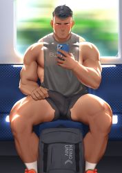 Rule 34 | 1boy, bara, black hair, black shorts, blush, bulge, closed mouth, erection, erection under clothes, grey tank top, highres, hiroki bzdsk, holding, holding phone, large pectorals, looking at viewer, male focus, muscular, muscular male, original, pectorals, phone, short hair, shorts, sitting, solo, tank top, thick thighs, thighs, undercut