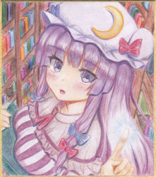 Rule 34 | 1girl, blue bow, blunt bangs, blush, bookshelf, bow, breasts, colored pencil (medium), commentary request, crescent, crescent hat ornament, embodiment of scarlet devil, hair bow, hair ribbon, hat, hat ornament, highres, index finger raised, large breasts, library, looking at viewer, luke (kyeftss), mob cap, patchouli knowledge, purple eyes, purple hair, red bow, red neckwear, ribbon, shikishi, solo, touhou, traditional media, tress ribbon, upper body, voile, white hat