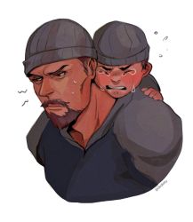 Rule 34 | 2boys, bad id, bad pixiv id, beanie, carrying, child, crying, dark skin, facial hair, father and son, goatee, hat, highres, kitty keihara, male focus, manly, multiple boys, overwatch, overwatch 1, piggyback, raglan sleeves, reaper (overwatch)