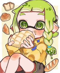 Rule 34 | 1girl, baguette, black shorts, border, braid, braided sidelock, bread, bread slice, commentary request, croissant, eating, food, green eyes, green hair, holding, holding food, inkling, inkling girl, inkling player character, jacket, long hair, melon bread, nintendo, outside border, pointy ears, pomepome 05, shorts, single braid, sleeves past wrists, solo, splatoon (series), tentacle hair, white border, yellow background, yellow jacket