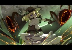 Rule 34 | 1girl, blonde hair, bow, fighting, flower knight girl, hat, letterboxed, long hair, maronie (flower knight girl), mizunashi (second run), open mouth, purple eyes, shield, solo, sword, translation request, weapon