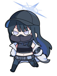 Rule 34 | 1girl, baseball cap, black footwear, black gloves, black hair, black hat, black pants, black shirt, blue archive, blue hair, boots, chibi, crop top, full body, gloves, grey eyes, halo, hat, jacket, knee boots, long hair, long sleeves, mask, midriff, mouth mask, multicolored hair, navel, nyaru (nyaru 4126), open clothes, open jacket, pants, puffy long sleeves, puffy sleeves, saori (blue archive), shirt, simple background, sleeves past wrists, solo, two-tone hair, v-shaped eyebrows, very long hair, walking, white background, white jacket