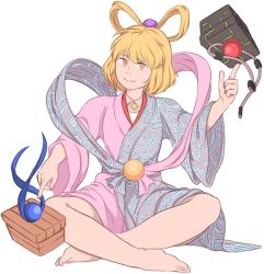 Rule 34 | 1girl, barefoot, blonde hair, closed mouth, full body, hagoromo, hair ornament, hair rings, index finger raised, indian style, japanese clothes, kanpukuguu otohime, kimono, long sleeves, looking at viewer, marine benefit, mefomefo, orb, shawl, sitting, smile, solo, white background, wide sleeves, yellow eyes