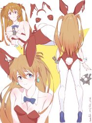 Rule 34 | 1girl, animal ears, artist request, ass, back, blue eyes, blush stickers, breasts, brown hair, cat, company connection, cosplay, curvy, earrings, fake animal ears, fake tail, flcl, full body, hair between eyes, haruhara haruko (cosplay), highleg, highleg leotard, highres, interface headset, jewelry, leotard, long hair, looking at viewer, looking to the side, lying, neon genesis evangelion, pantyhose, playboy bunny, plugsuit, red headwear, red leotard, shiny clothes, simple background, small breasts, smile, solo, souryuu asuka langley, standing, tail, twintails, two side up, very long hair, wide hips