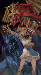 Rule 34 | 1boy, absurdres, ankh, armlet, atem, bare shoulders, black hair, blonde hair, bracelet, commentary request, dark-skinned male, dark skin, duel monster, dyed bangs, earrings, egyptian, egyptian clothes, eye of horus, highres, jewelry, male focus, millennium puzzle, multicolored hair, obelisk the tormentor, open mouth, osiris the sky dragon, purple eyes, purple hair, sleeveless, spiked hair, teeth, the winged dragon of ra, upper teeth only, uuu ygo, yu-gi-oh!, yu-gi-oh! duel monsters