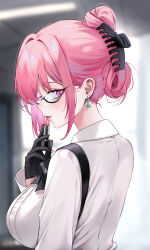 1girl alternate_hairstyle applying_lipstick applying_makeup blurry blurry_background blush breasts commentary cosmetics earrings from_behind glasses highres holding holding_lipstick_tube jewelry large_breasts lipstick_tube ompf pink_eyes pink_hair shirt smile solo tsukishiro_yanagi upper_body white_shirt zenless_zone_zero