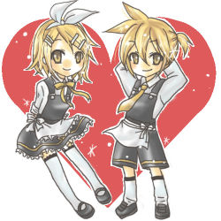 Rule 34 | 1boy, 1girl, blonde hair, brother and sister, hair ornament, hair ribbon, hairclip, heart, hitobashira alice (vocaloid), kagamine len, kagamine rin, lowres, mikage (hotair), mikage (pixiv341935), necktie, ribbon, shoes, short hair, shorts, siblings, smile, socks, thighhighs, twins, vocaloid, yellow eyes, yellow necktie