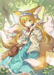 Rule 34 | 1girl, a-white-a, animal ears, arknights, bag, blonde hair, blue hairband, blue skirt, commentary, crossover, day, fox ears, fox girl, fox tail, frilled hairband, frills, green eyes, grey jacket, hairband, hand up, heixiu, high-waist skirt, highres, jacket, kitsune, long hair, long sleeves, looking at viewer, multicolored hair, neck ribbon, open clothes, open jacket, outdoors, parted lips, puffy long sleeves, puffy sleeves, red ribbon, ribbon, shirt, shoulder bag, skirt, suzuran (arknights), suzuran (spring praise) (arknights), symbol-only commentary, tail, luo xiaohei zhanji, tree, two-tone hair, very long hair, white hair, white shirt