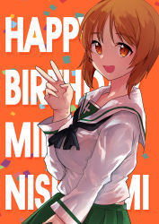 Rule 34 | 1girl, absurdres, black neckerchief, blouse, bra visible through clothes, bralines, brown eyes, brown hair, character name, confetti, cowboy shot, english text, from side, girls und panzer, green skirt, happy, happy birthday, highres, long sleeves, looking at viewer, midriff peek, nakasone haiji, neckerchief, nishizumi miho, ooarai school uniform, open mouth, orange background, pleated skirt, sailor collar, school uniform, see-through, see-through shirt, serafuku, shirt, short hair, simple background, skirt, smile, solo, v, white sailor collar, white shirt
