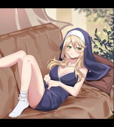 Rule 34 | 1girl, blonde hair, blue dress, breasts, cleavage, collarbone, couch, dress, engage kiss, green eyes, hci+, large breasts, long hair, looking at viewer, lying, nun, on back, on couch, reclining, sharon holygrail, sleeveless, smile, socks, thighs, white socks