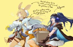 Rule 34 | 3girls, animal ears, arknights, astgenne (arknights), bird ears, black gloves, blonde hair, blue eyes, blue hair, blue shirt, blush, box, breasts, character name, cleavage, closed eyes, coat, commentary, dorothy (arknights), dress, english text, gandy (gan3e46), gloves, goggles, goggles on head, gold bar, grey coat, hat, heavy breathing, highres, holding, holding box, large breasts, long hair, medium breasts, mouse ears, mouse girl, mouse tail, multiple girls, open mouth, ponytail, ptilopsis (arknights), running, shirt, simple background, skirt, small breasts, tail, tearing up, teeth, two-tone gloves, upper teeth only, very long hair, white dress, white gloves, white hair, white hat, white skirt, yellow background, yellow eyes, yellow gloves