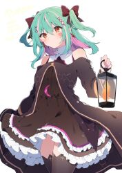 Rule 34 | 1girl, aqua hair, bare shoulders, black bow, black dress, black thighhighs, blush, bow, buttons, candle, closed mouth, colored inner hair, commission, cowboy shot, crescent, dress, earrings, facial tattoo, frilled dress, frills, full moon, hair bow, hair ornament, high collar, highres, holding, holding lantern, ikeuchi tanuma, indie virtual youtuber, jack-o&#039;-lantern, jewelry, lantern, long sleeves, looking at viewer, medium hair, moon, multicolored hair, nail polish, off shoulder, pink hair, pink nails, pumpkin, sidelocks, simple background, skeb commission, solo, streaked hair, chemical structure, tattoo, thighhighs, two side up, virtual youtuber, white background, white hair, x hair ornament, yanderella (vtuber), yellow eyes