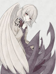 Rule 34 | 1girl, aaaabo, angel wings, blurry, bow, bowtie, breasts, dress, female focus, finger to mouth, grey background, highres, jacket, kishin sagume, long sleeves, looking at viewer, no pupils, purple dress, red eyes, shaded face, short hair, silver hair, simple background, single wing, small breasts, smile, solo, touhou, wings