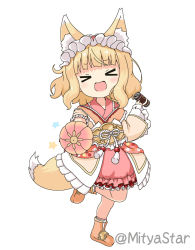 Rule 34 | &gt; &lt;, 1girl, :d, alternate costume, animal ear fluff, animal ears, blonde hair, blunt bangs, blush, boots, brown footwear, can, closed eyes, commentary request, facing viewer, fox ears, fox girl, fox tail, full body, gochuumon wa usagi desu ka?, holding, holding can, japanese clothes, kimono, kirima syaro, long sleeves, maho (princess connect!), mitya, obi, open mouth, pink kimono, princess connect!, sash, simple background, sleeves past wrists, smile, solo, standing, standing on one leg, star (symbol), tail, twitter username, white background, wide sleeves, xd