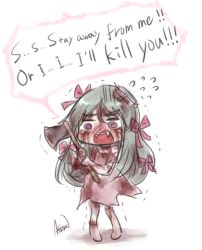 Rule 34 | aosora (mizore), axe, bandaid, blood, blood on clothes, bow, dress, green hair, long hair, open mouth, original, pink bow, pink dress, purple eyes, tears, torn clothes, torn dress, trembling