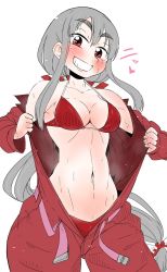 Rule 34 | 1girl, alternate costume, bikini, blush, bow, breasts, cleavage, flashing, fujiwara no mokou, grey hair, grin, highres, jumpsuit, long hair, looking at viewer, medium breasts, navel, open clothes, ponytail, red eyes, smile, solo, sweat, swimsuit, takeu, thick eyebrows, touhou