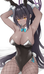 Rule 34 | 1girl, adjusting hair, animal ears, armpits, bad id, bad twitter id, bare shoulders, black hair, blue archive, breasts, cleavage, dark-skinned female, dark skin, fake animal ears, fake tail, fishnet pantyhose, fishnets, halo, highres, karin (blue archive), karin (bunny) (blue archive), large breasts, leotard, long hair, looking at viewer, mouth hold, nyakonro (nekonro), pantyhose, playboy bunny, rabbit ears, rabbit tail, simple background, sitting, solo, tail, thighs, very long hair, wariza, white background, yellow eyes