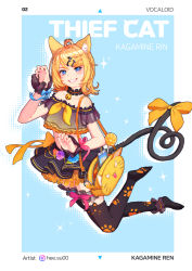 Rule 34 | 1girl, absurdres, ahoge, animal bag, animal ear fluff, animal ear legwear, animal ears, ankle cuffs, artist name, bag, bare shoulders, bell, black skirt, black thighhighs, blonde hair, blue background, blue eyes, blue ribbon, border, bow, bridal garter, cat bag, cat ear legwear, cat ears, cat girl, cat tail, character name, choker, commentary, drop shadow, english commentary, english text, fang, floral print, food, frilled choker, frills, fruit, full body, grin, hair ornament, hairclip, hee suu, highres, jingle bell, jumping, kagamine rin, midriff, nail polish, neck bell, neckerchief, no shoes, off-shoulder shirt, off shoulder, orange (fruit), orange bow, orange slice, outside border, paw pose, paw print soles, petticoat, pink nails, pink ribbon, pleated skirt, print skirt, print thighhighs, ribbon, shirt, short hair, shoulder bag, skirt, smile, solo, sparkle, tail, tail bow, tail ornament, themed object, thighhighs, vocaloid, wrist cuffs, wrist ribbon, yellow bow, yellow neckerchief