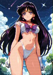 0xcyop 1girl bishoujo_senshi_sailor_moon black_hair bow bowtie breasts cameltoe choker clenched_hands cloud crop_top diadem earrings gloves groin highleg highleg_panties highres hino_rei jewelry long_hair looking_at_viewer magical_girl medium_breasts outdoors panties purple_eyes red_choker red_sailor_collar sailor_collar sailor_mars shooting_star sky solo standing star_(sky) star_(symbol) star_choker star_earrings thong tiara tree underwear upper_body white_gloves white_panties