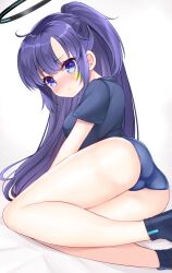 Rule 34 | 1girl, ass, black footwear, black shirt, blue archive, blue buruma, blue eyes, blush, breasts, buruma, closed mouth, commentary request, facial mark, feet out of frame, gradient background, grey background, gym uniform, halo, highres, long hair, medium breasts, nose blush, parted bangs, ponytail, purple hair, shikito (yawa0w0), shirt, shoes, short sleeves, solo, star (symbol), very long hair, yuuka (blue archive), yuuka (track) (blue archive)