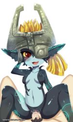 Rule 34 | 1boy, 1girl, blonde hair, blush, breasts, colored sclera, fang, girl on top, helmet, hetero, hinghoi, male pubic hair, medium breasts, midna, monster, monster girl, navel, nintendo, nipples, nude, one eye covered, open mouth, penis, pointy ears, pubic hair, pussy, pussy juice, red eyes, sex, spread legs, the legend of zelda, the legend of zelda: twilight princess, thighs, uncensored, vaginal, watermark, web address, yellow sclera