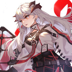 Rule 34 | 1girl, arknights, buckle, dragon horns, horns, kan (rainconan), long hair, long sleeves, looking away, open mouth, orange eyes, saria (arknights), shield, simple background, snap-fit buckle, solo, upper body, white background, white hair