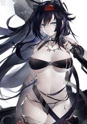 Rule 34 | 1girl, absurdres, animal ears, arknights, bandeau, bare shoulders, bikini, black choker, black gloves, black hair, blaze (arknights), blue eyes, breasts, cat ears, chinese commentary, choker, commentary request, cowboy shot, gloves, hairband, highres, holding, holding weapon, jewelry, large breasts, long hair, looking at viewer, mismatched bikini, navel, necklace, official alternate costume, over shoulder, red hairband, simple background, solo, standing, stomach, strapless, strapless bikini, swimsuit, thighs, tube top, very long hair, weapon, weapon over shoulder, white background, yushe quetzalli