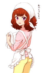 Rule 34 | 1girl, :d, apron, ass, atachi mimi, blush, cleaning, cloth, cowboy shot, frilled apron, frills, head scarf, holding, holding cloth, holding plate, looking at viewer, looking back, open mouth, orange hair, pants, pink shirt, plate, purple eyes, sbs, shirt, simple background, sketch, sleeves rolled up, smile, solo, translated, waist apron, wavy hair, white apron, white background, white headwear, wiping, yellow pants, yu-gi-oh!, yu-gi-oh! sevens