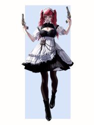 Rule 34 | 1girl, absurdres, brown pantyhose, cleavage cutout, clothing cutout, cross, cross necklace, emo37337640, gun, handgun, highres, holding, holding gun, holding weapon, jewelry, long hair, maid, maid headdress, necklace, original, pantyhose, pouch, puffy sleeves, red eyes, red hair, revolver, solo, tongue, tongue out, twintails, unconventional maid, weapon