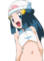 Rule 34 | 1girl, blue eyes, blue hair, breasts, casual, creatures (company), crop top, dawn (pokemon), female focus, game freak, hainchu, happy, looking at viewer, midriff, navel, nintendo, pokemon, pokemon (anime), pokemon dppt (anime), small breasts, smile