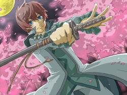 Rule 34 | 1boy, asbel lhant, bad id, bad pixiv id, blue eyes, brown hair, cherry blossoms, fighting stance, keika, male focus, moon, ready to draw, solo, sword, tales of (series), tales of graces, weapon