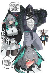 Rule 34 | 1boy, 2girls, amiya (arknights), animal ears, arknights, black jacket, blazingchaos, blue eyes, blush, breasts, brown hair, coat, commentary, covered abs, doctor (arknights), english text, fingerless gloves, gloves, green eyes, grey hair, grey shorts, head wings, highres, ho&#039;olheyak (arknights), holding another&#039;s tail, hood, hood up, hooded jacket, jacket, large breasts, long sleeves, male doctor (arknights), multicolored coat, multiple girls, muscular, muscular male, open mouth, rabbit ears, shorts, smile, sparkle, tail, two-tone coat, white gloves, wings