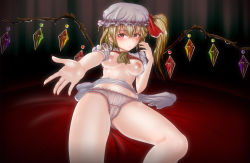 Rule 34 | 1girl, ascot, bad id, bad pixiv id, blonde hair, blush, breasts, clothes lift, flandre scarlet, hat, highres, hk (hk), hk (zxd0554), navel, nipples, outstretched arm, outstretched hand, red eyes, shirt lift, short hair, side ponytail, skirt, skirt lift, solo, touhou, wings