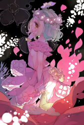 Rule 34 | 1girl, black background, brown eyes, dress, facing to the side, floral background, flower, green hair, head wreath, looking at viewer, mamaloni, off-shoulder dress, off shoulder, petals, pink dress, pink flower, short hair, short sleeves, show by rock!!, solo, tanefurun (show by rock!!)