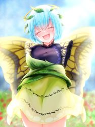 Rule 34 | 1girl, antennae, aqua hair, besuteia, blush, butterfly wings, closed eyes, cowboy shot, dress, eternity larva, fairy, green dress, hair between eyes, highres, insect wings, leaf, leaf on head, multicolored clothes, multicolored dress, open mouth, short hair, short sleeves, single strap, smile, solo, touhou, wings