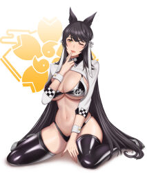Rule 34 | 1girl, ;d, absurdres, animal ears, atago (azur lane), atago (stunning speedster) (azur lane), azur lane, between legs, bikini, black bikini, black hair, black thighhighs, blush, breasts, brown eyes, cleavage, commentary, dog ears, finger to mouth, full body, hair between eyes, hair ribbon, hand between legs, hand up, high heels, highleg, highleg bikini, highres, large breasts, long hair, looking at viewer, navel, no mole, official alternate costume, one eye closed, open mouth, print bikini, race queen, rakuri (rwrn5475), revision, ribbon, sakura empire (emblem), shadow, shrug (clothing), sidelocks, sitting, skindentation, sleeve cuffs, smile, solo, stomach, swept bangs, swimsuit, teeth, thighhighs, two-tone bikini, underboob, upper teeth only, wariza, white background, white footwear, white ribbon, white sleeves, wrist cuffs