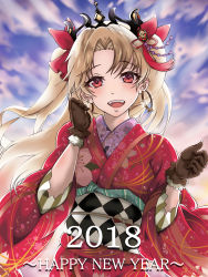 Rule 34 | 1girl, 2018, :d, blonde hair, blush, brown gloves, commentary request, earrings, ereshkigal (fate), fate/grand order, fate (series), floral print, gloves, hair ornament, hair ribbon, happy new year, highres, hoop earrings, japanese clothes, jewelry, kimono, long hair, looking at viewer, nengajou, new year, obi, open mouth, parted bangs, pon (syugaminp), red eyes, red ribbon, ribbon, sash, skull, sky, smile, solo, tiara, tohsaka rin, two side up, wide sleeves