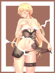 Rule 34 | 1girl, bare shoulders, black nightgown, black panties, blonde hair, blush, braid, breasts, closed mouth, closed eyes, girls&#039; frontline, hand on own chest, highres, lingerie, long hair, looking at viewer, medium breasts, nightgown, nightgown lift, ots-14 (girls&#039; frontline), panties, ponytail, simple background, solo, standing, un lim, underwear